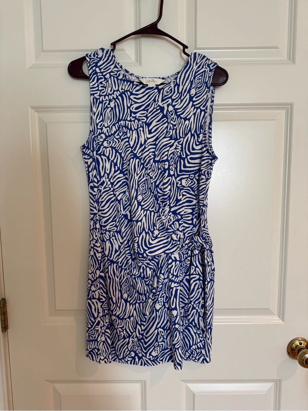 Sleeveless Blue & White Printed Tie-Waist Dress